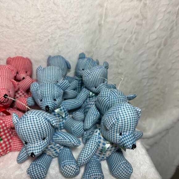 Set Of 24 Vintage Gingham Christmas Teddy Bear Ornaments Ribbon Bow & Embroidery - Picture 8 of 9